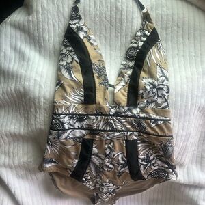 Floral Halter One Piece Swimsuit - Black and Tan